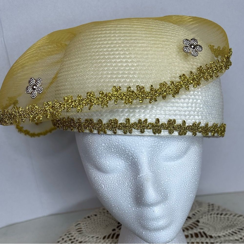 Vintage Arlin Yellow Gold Mesh Easter Sequins Beaded Church Hat